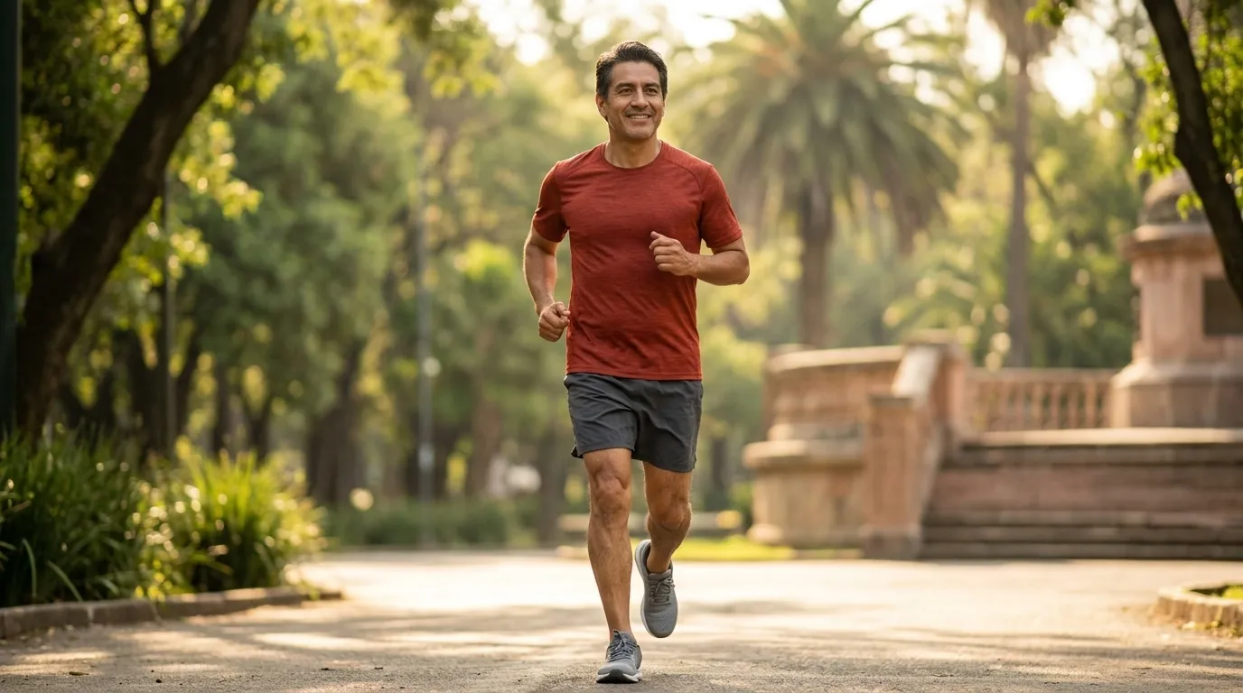 Hombre activo y saludable corriendo en un parque de la Ciudad de México, representando el bienestar masculino